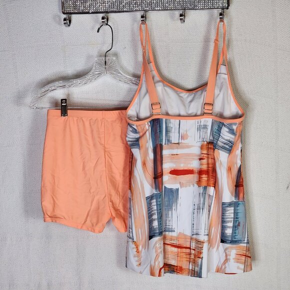 Rotita Peach Grey White Geo Print Poly Elastan Double Adj Strap Tankini Set Sz S - Picture 8 of 16